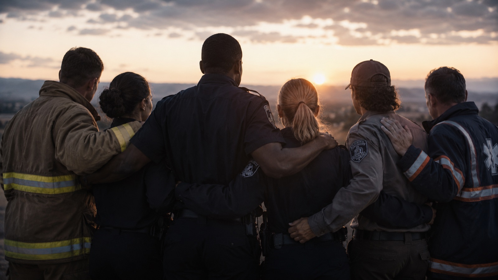 A diverse group of first responders standing together in support at dawn