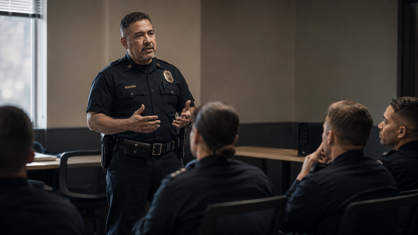 A department leader briefing a small group of officers