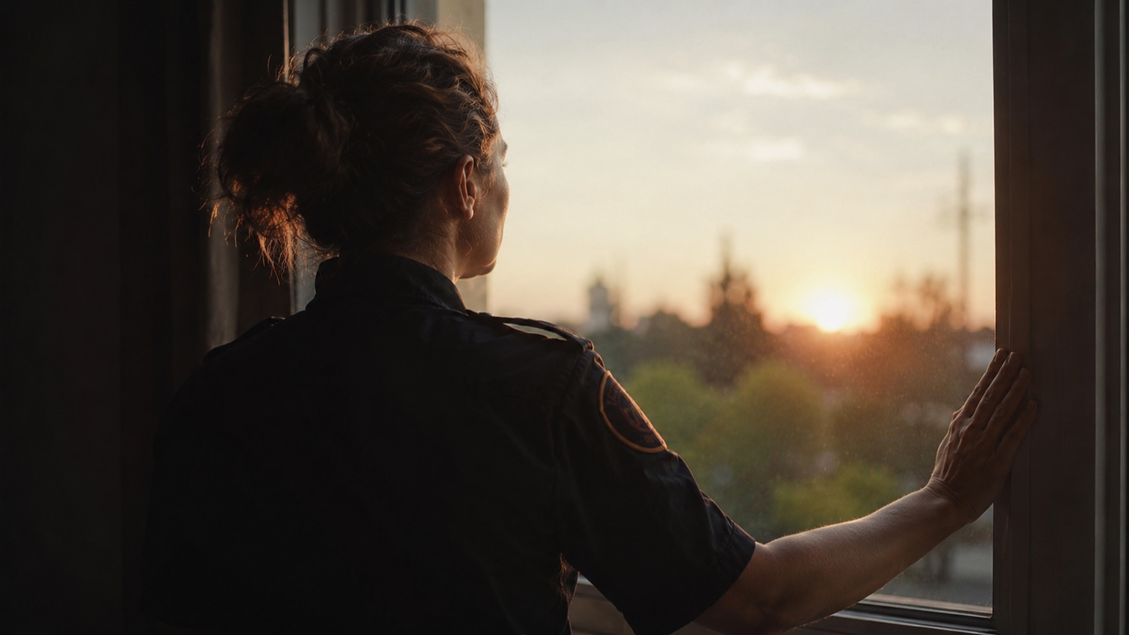 An officer looking out a window at sunrise, a quiet moment of relief