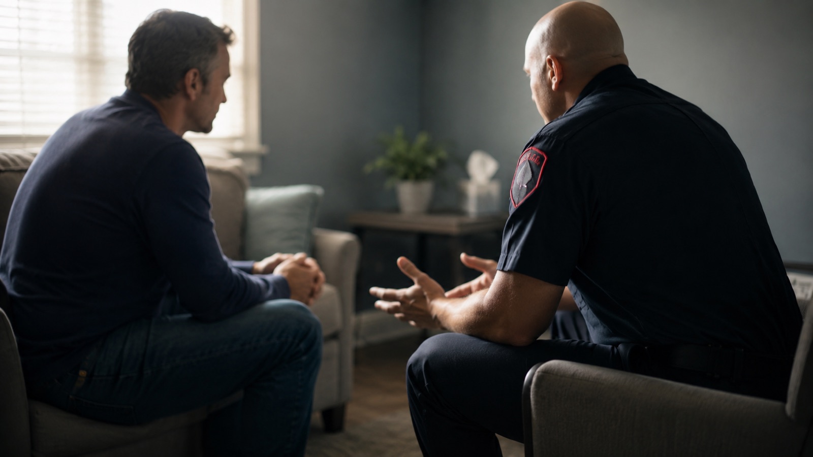 A first responder in a calm, private one-on-one conversation with a peer supporter