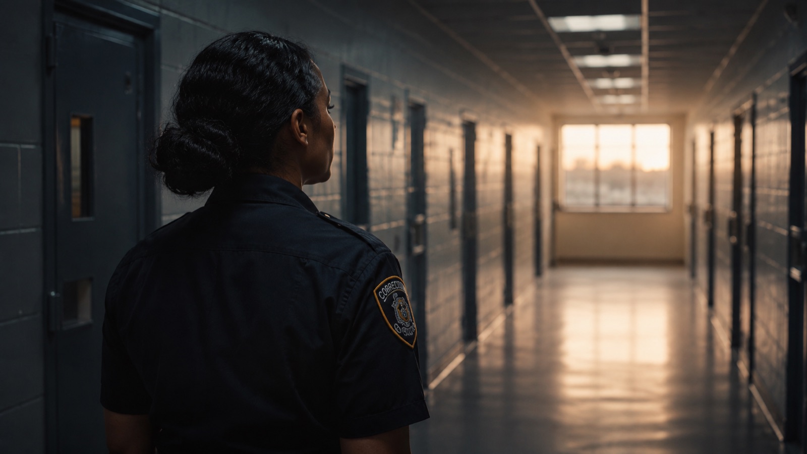A corrections officer in a quiet facility corridor at dawn