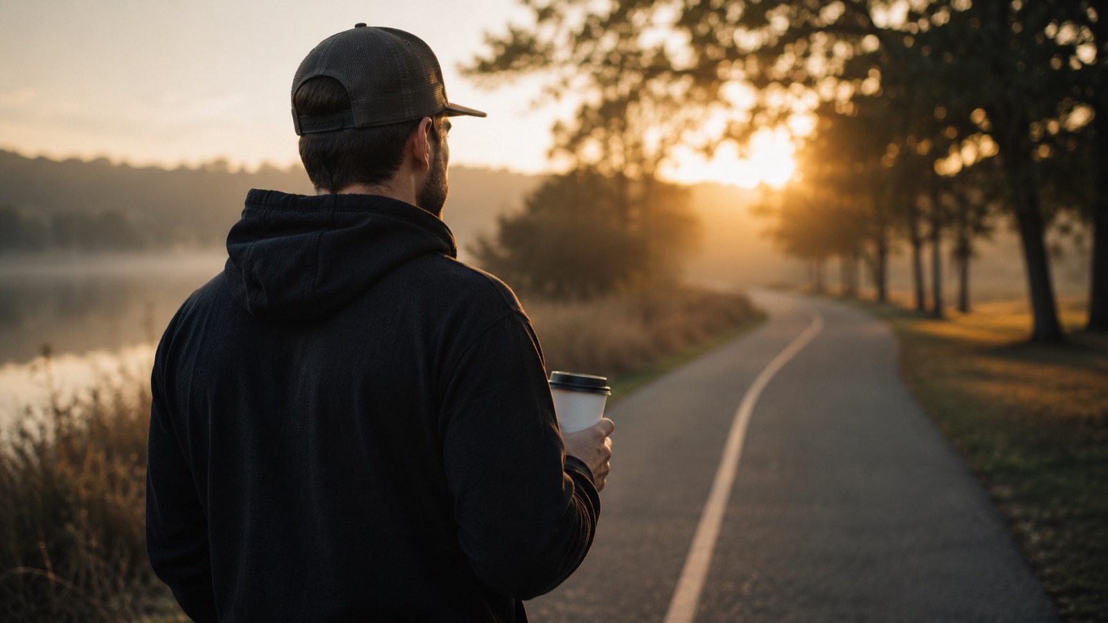 A first responder walking a quiet path at sunrise